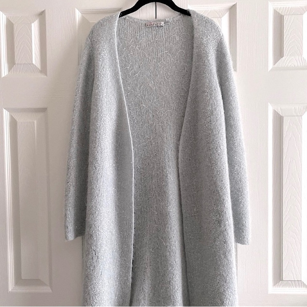 VINTAGE MOHAIR KNIT SEQUIN BEADED OPEN FRONT CARDIGAN SWEATER Seafoam PS